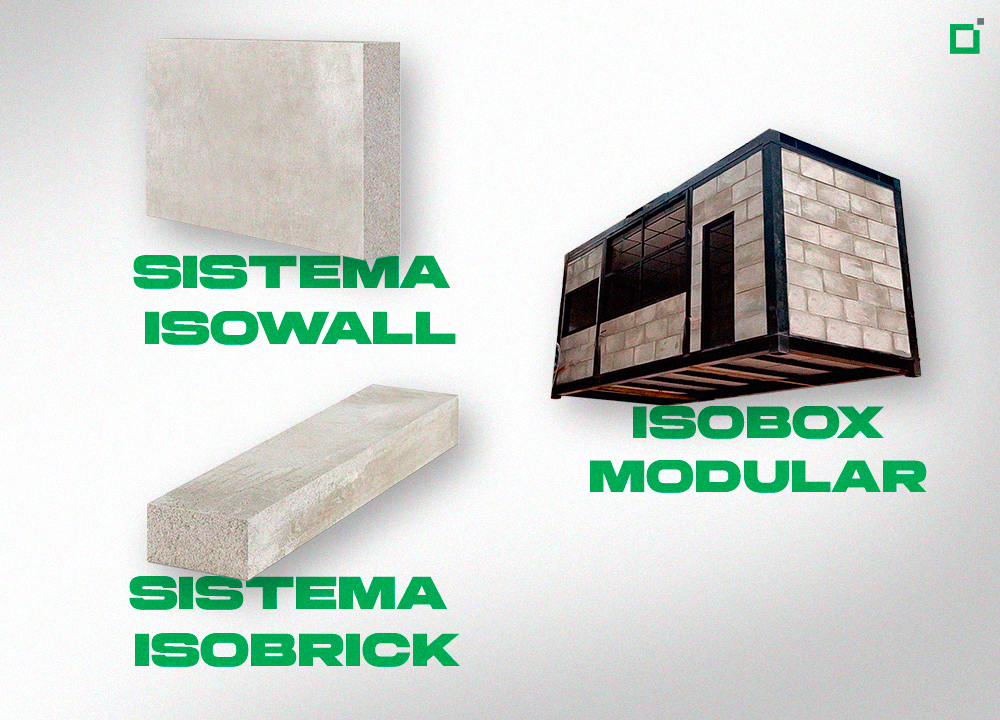 Isobox Modular: Módulo móvel inspirado em contêiner marítimo, feito com Isobloco e aço pesado. Possui dimensões padrão de 2,40×2,40×6,00m, com possibilidade de personalização mediante projeto e limitações logísticas. Sistema Isowall: Sistema construtivo leve (7 ou 9 × 30 × 60 cm), ideais para divisórias internas e fachadas. Pode receber resina, textura ou pintura. Compatível com steel frame e guias metálicas. Sistema Isobrick: Sistema construtivo decorativo (14 × 7 × 60 cm), com visual de tijolinho aparente. Imaginado para paredes internas e externas. Combina estética e desempenho técnico: isolamento termoacústico, resistência à umidade.